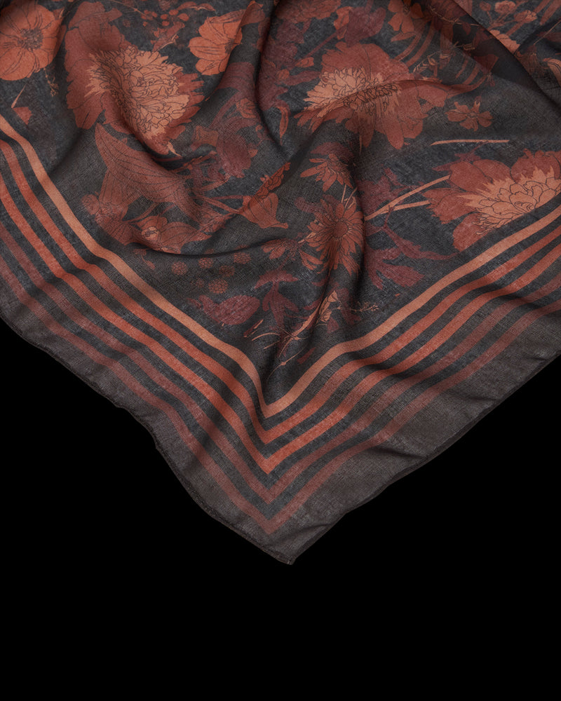 Deco Blooms Brown Stripe Border Midweight Scarf