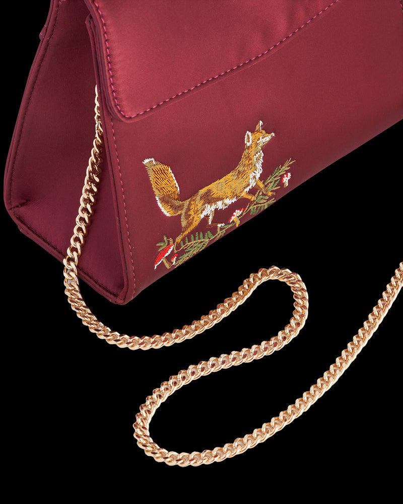 Fox & Mushroom Embroidered Burgundy Satin Tote