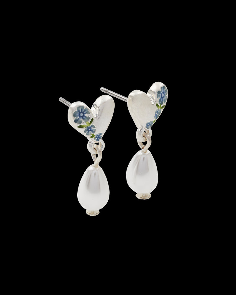 Forget Me Not Heart & Pearl Silver Earrings