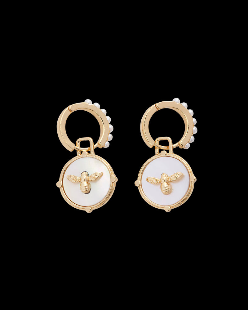 Honey Bee & Pearl Huggie Earrings