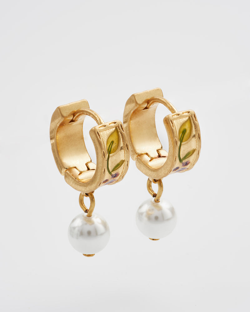Blackberry Bramble Pearl Drop Gold Huggie Earrings