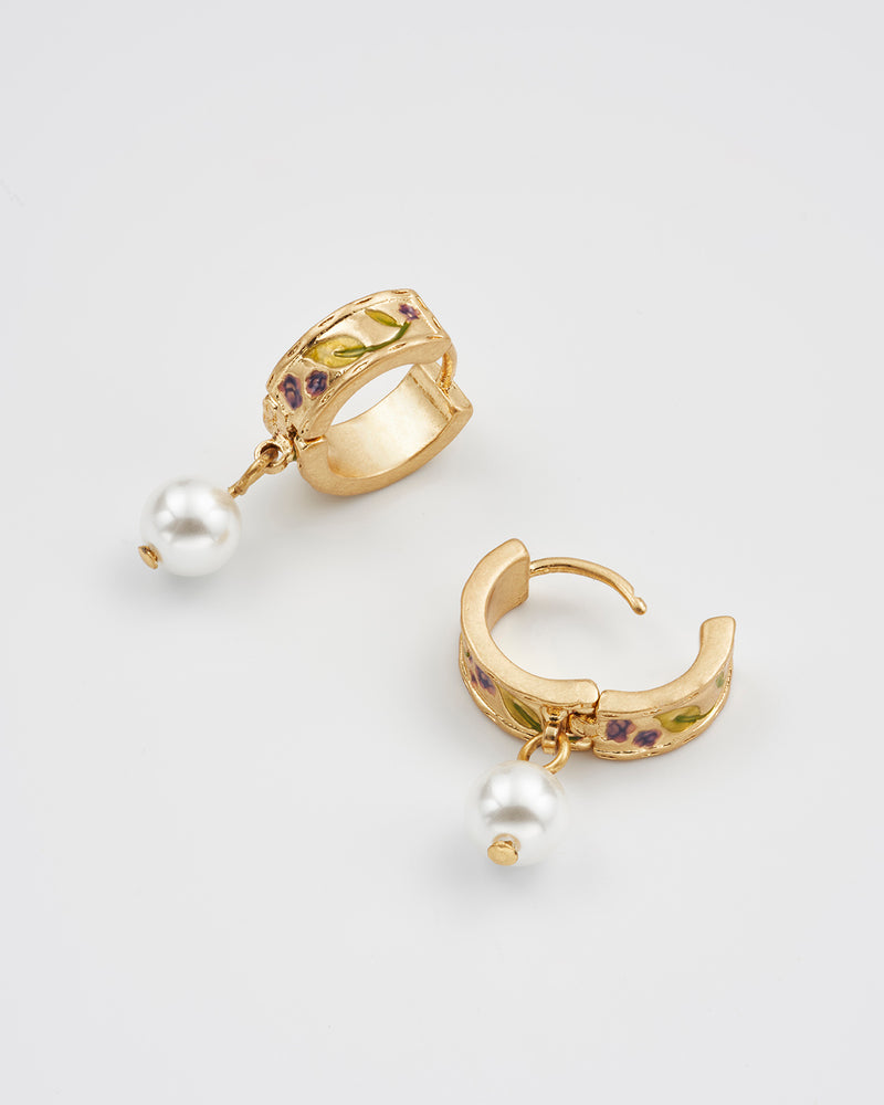 Blackberry Bramble Pearl Drop Gold Huggie Earrings