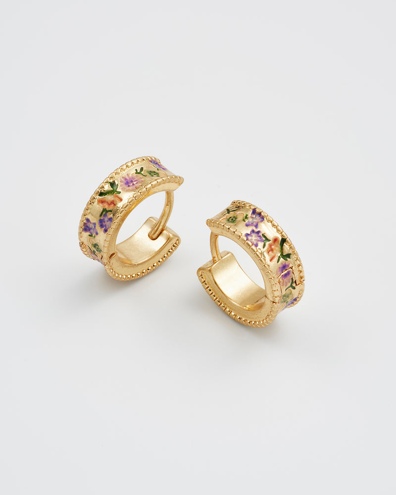 Folksy Floral Gold Huggie Earrings