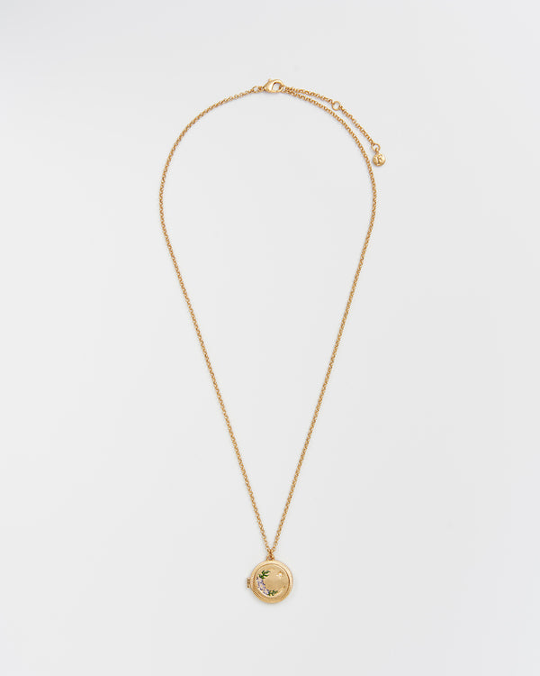 Nightshade Moon Round Gold Locket Chain Necklace