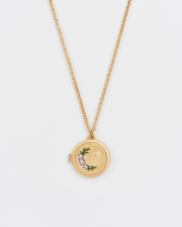 Nightshade Moon Round Gold Locket Chain Necklace