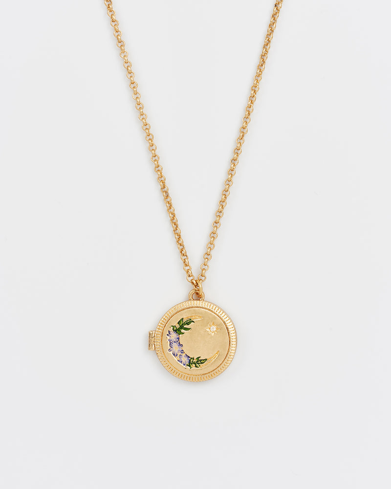 Nightshade Moon Round Gold Locket Chain Necklace