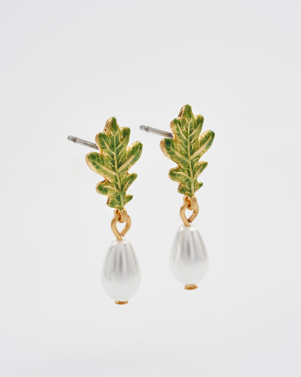 Oak Leaf Pearl Drop Gold Earrings