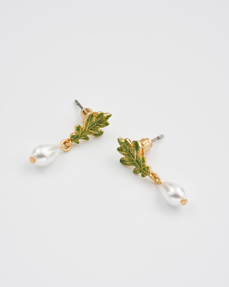 Oak Leaf Pearl Drop Gold Earrings