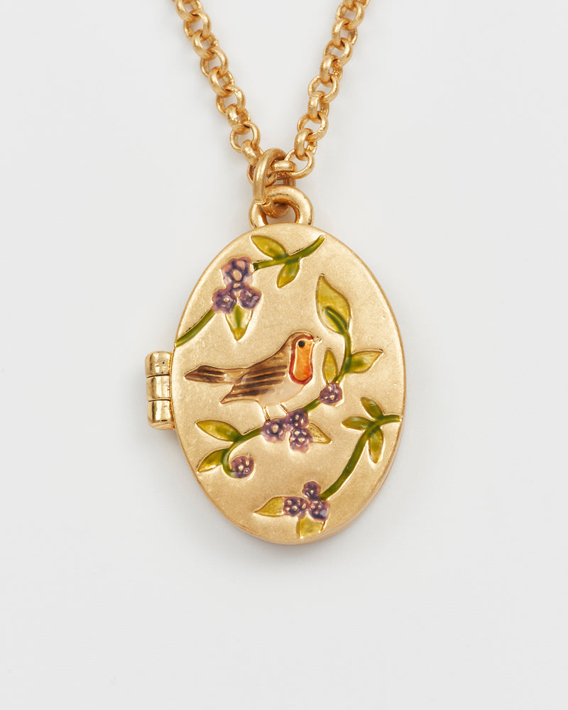 Robin & Blackberry Gold Oval Locket Chain Necklace
