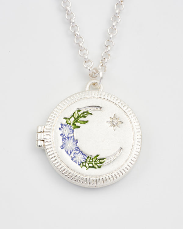 Nightshade Moon Round Silver Locket Chain Necklace