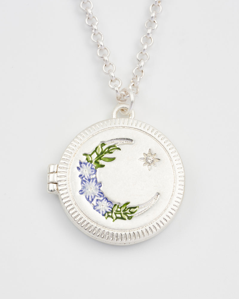 Nightshade Moon Round Silver Locket Chain Necklace