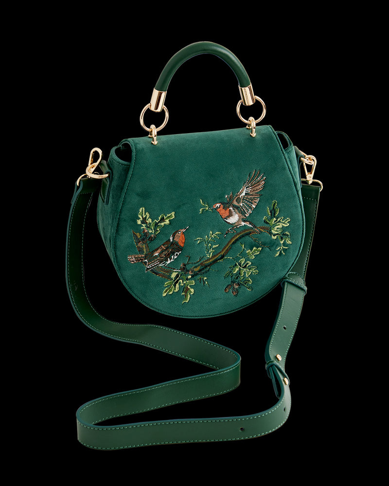 Robin Love Velvet Embroidered Saddle Bag - Fern Green