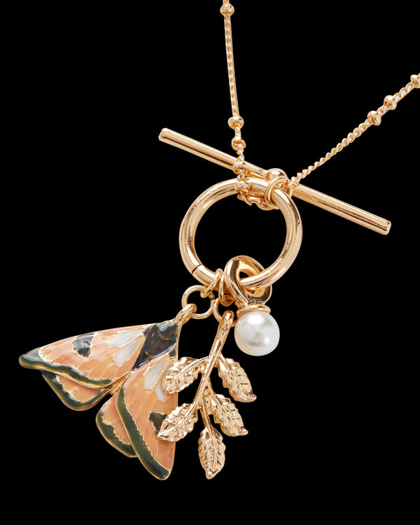 Enamel Moth & Leaf Charm Necklace
