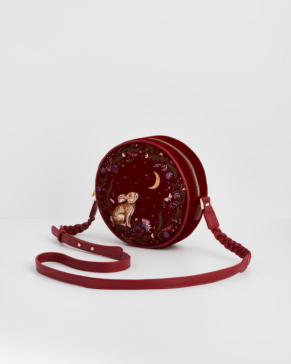 Star Gazing Rabbit Red Embroidered Circle Bag