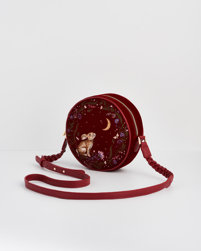 Star Gazing Rabbit Red Embroidered Circle Bag