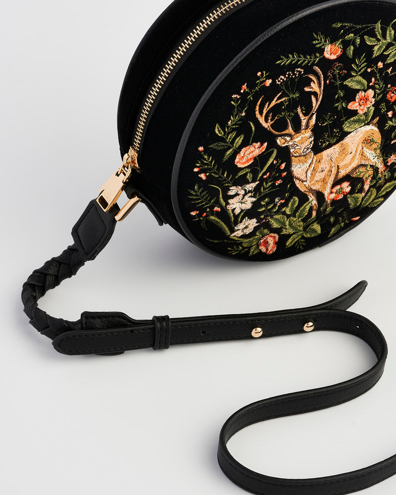 Aurora Fawn Embroidered Black Circle Bag
