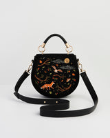 Fox & Owl Embroidered Black Top Handle Saddle Bag