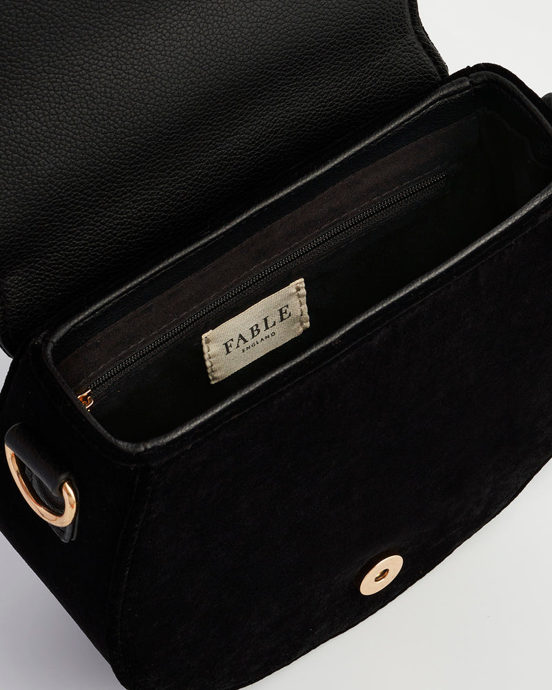 Fox & Owl Embroidered Black Top Handle Saddle Bag