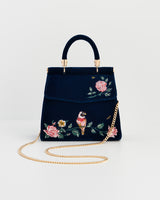 Rosy Posy Embroidered Blue Mini Top Handle Tote