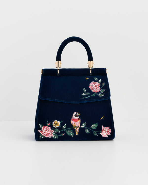 Rosy Posy Embroidered Blue Mini Top Handle Tote