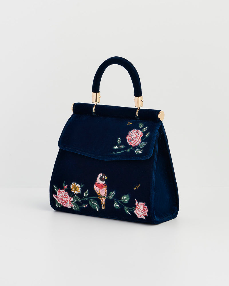 Rosy Posy Embroidered Blue Mini Top Handle Tote