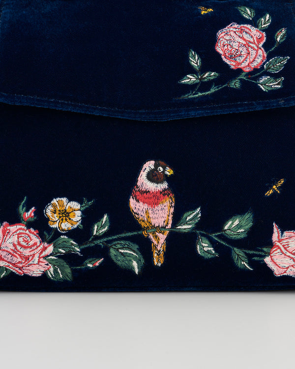 Rosy Posy Embroidered Blue Mini Top Handle Tote
