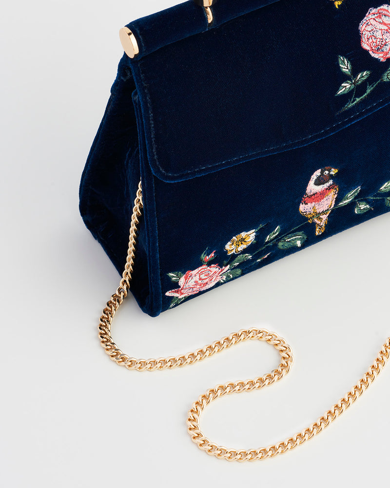 Rosy Posy Embroidered Blue Mini Top Handle Tote