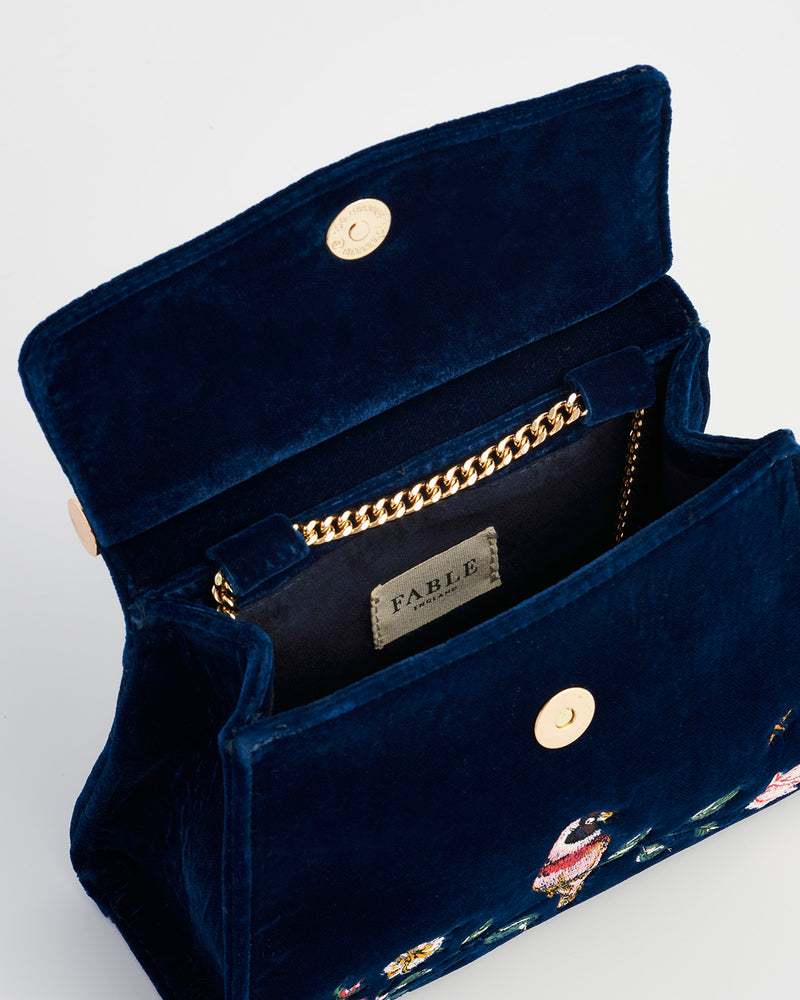 Rosy Posy Embroidered Blue Mini Top Handle Tote