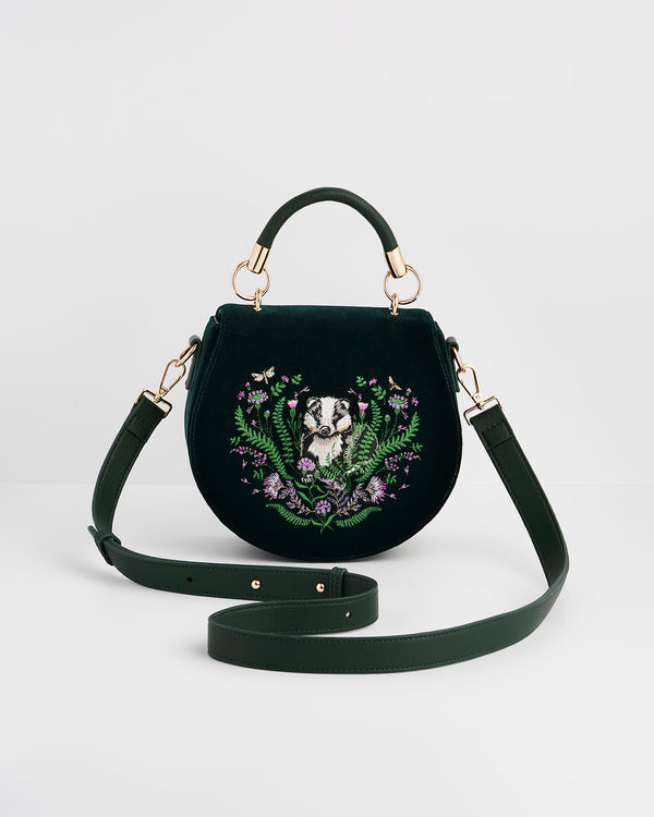 Badger Embroidered Green Top Handle Saddle Bag