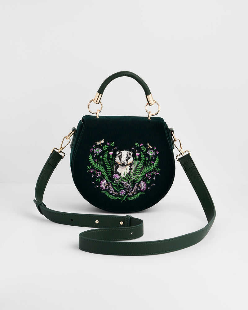 Badger Embroidered Green Top Handle Saddle Bag
