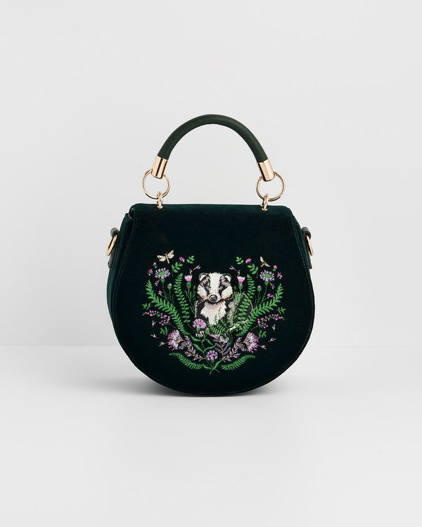 Badger Embroidered Green Top Handle Saddle Bag