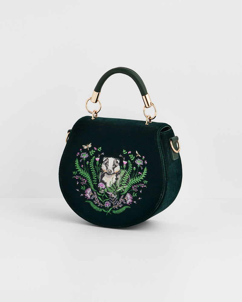 Badger Embroidered Green Top Handle Saddle Bag