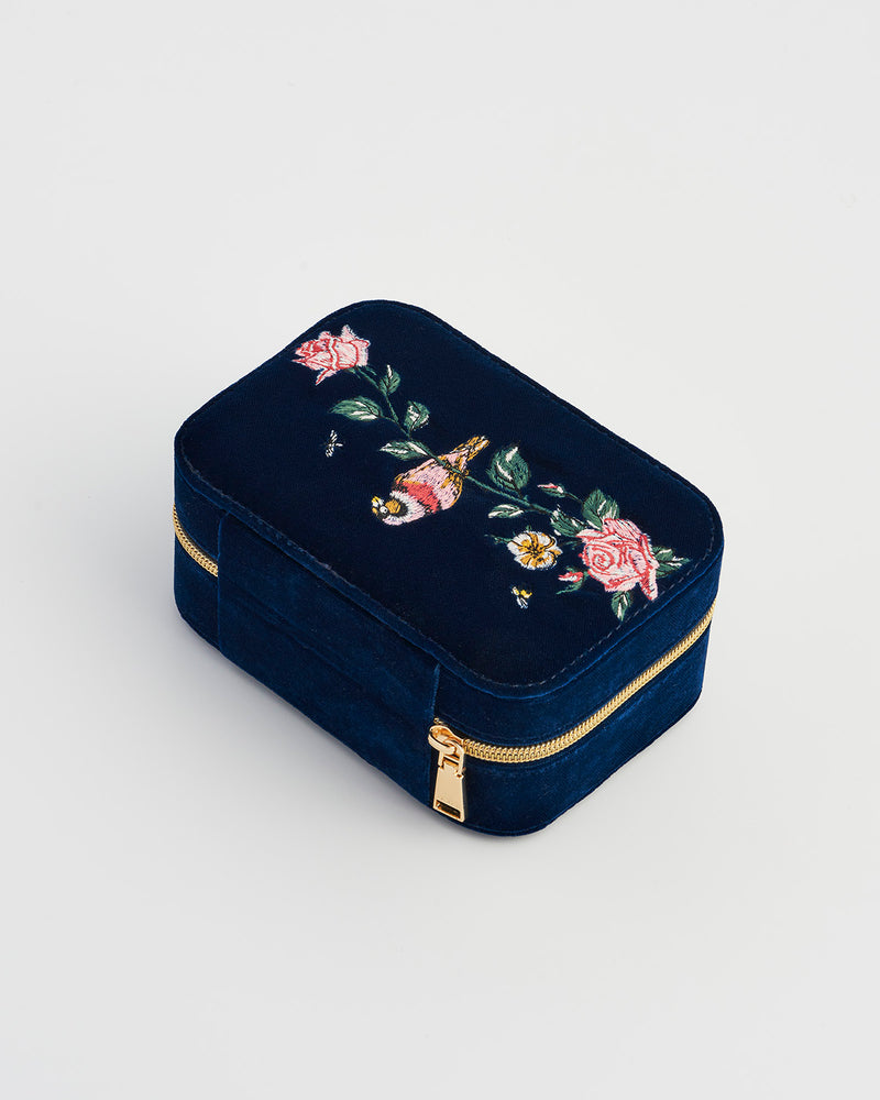 Rosy Posy Embroidered Blue Large Jewellery Box