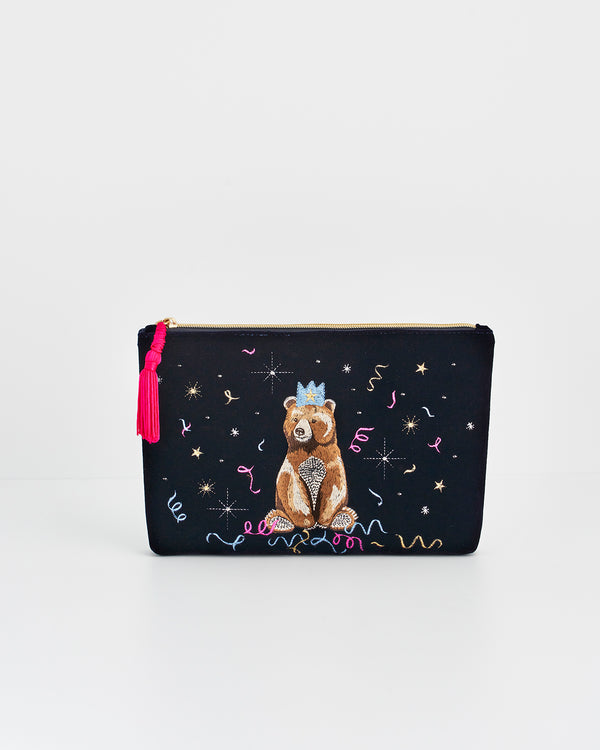 Party Bear Embroidered Blue Medium Pouch