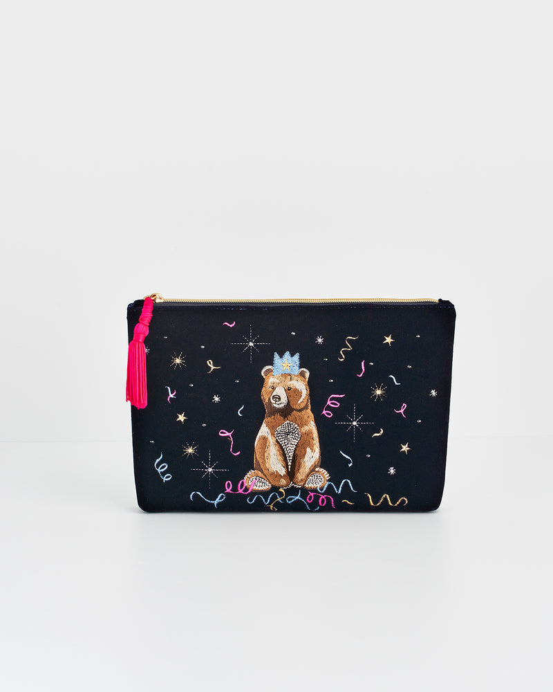 Party Bear Embroidered Blue Medium Pouch