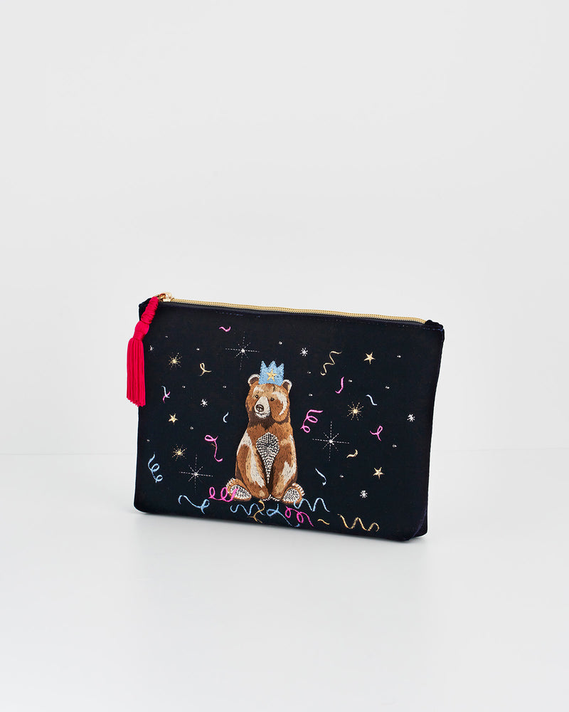 Party Bear Embroidered Blue Medium Pouch