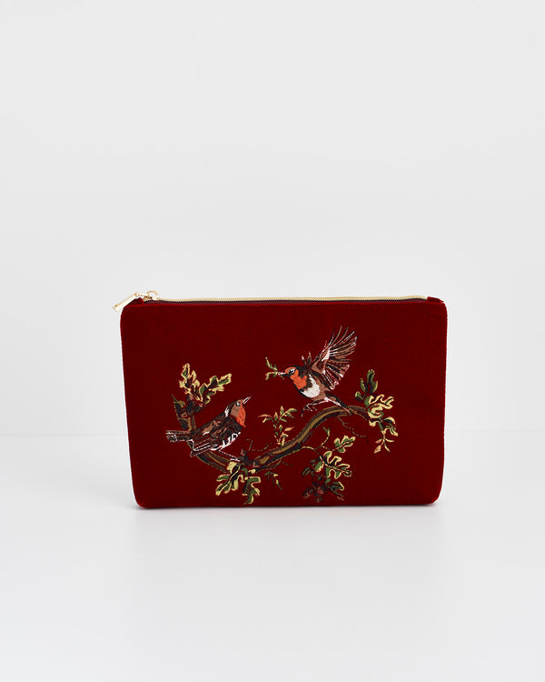 Robin Love Embroidered Red Medium Pouch