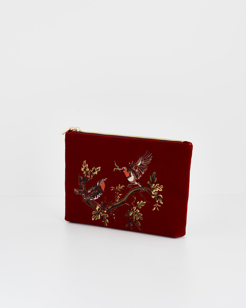 Robin Love Embroidered Red Medium Pouch