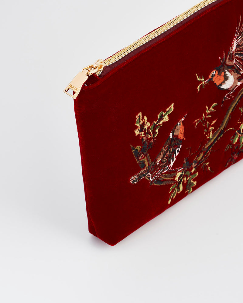 Robin Love Embroidered Red Medium Pouch