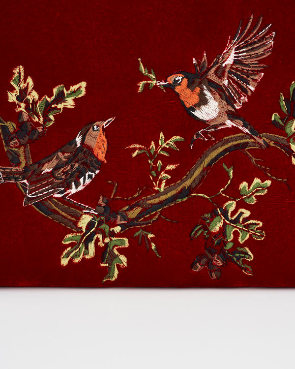 Robin Love Embroidered Red Medium Pouch