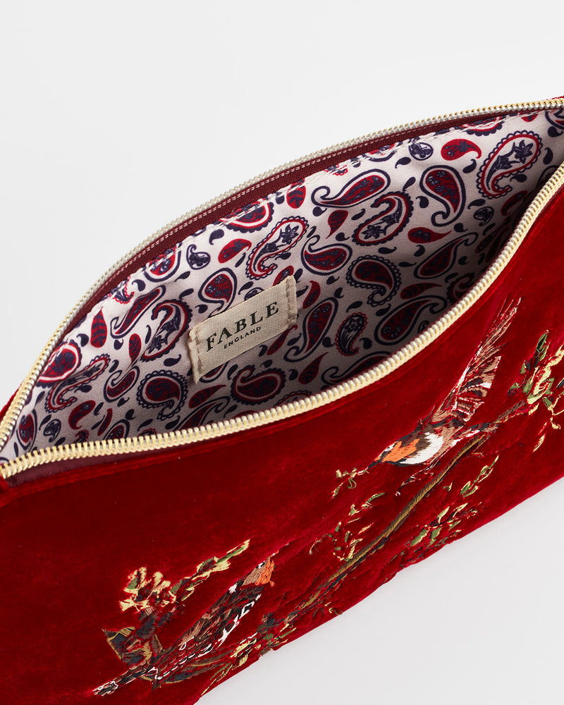 Robin Love Embroidered Red Medium Pouch