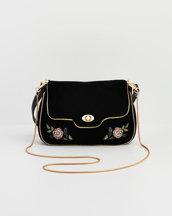 Rose Embroidered Black Clutch