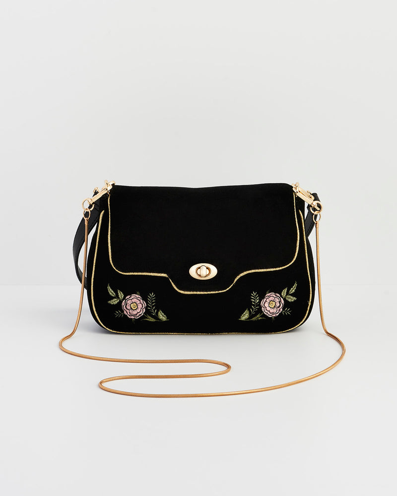 Rose Embroidered Black Clutch