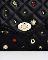 Black Quilted Floral Motif Embroidered Crossbody