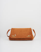 Tan Faux Suede Floral Embroidered Shoulder Bag