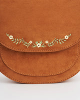 Tan Faux Suede Floral Embroidered Saddle Bag