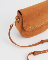 Tan Faux Suede Floral Embroidered Saddle Bag