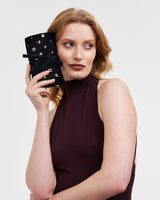 Black Quilted Floral Motif Embroidered Jewellery Roll