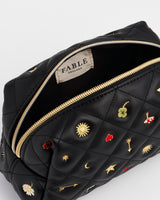 Black Quilted Floral Motif Embroidered Pouch