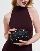 Black Quilted Floral Motif Embroidered Pouch